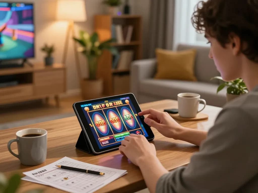 Engaging in exciting slot games on luck8 from a cozy home setup with notes and coffee.