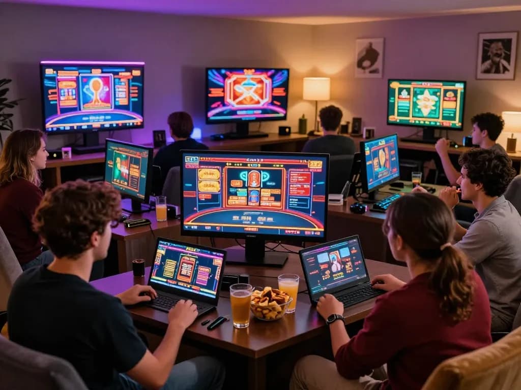 Players engaging in exciting rikvip online casino games in a lively living room setting