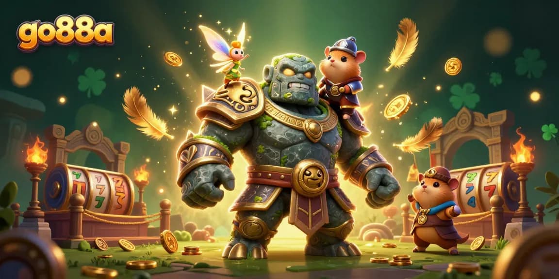 Engage in thrilling gameplay at go88a with a spellbound stone golem and magical fairy companions.