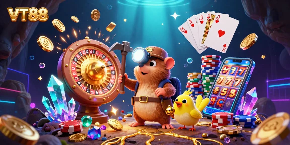 Experience the excitement of VT88 in this dynamic 3D illustration featuring a treasure hunter mole amidst a dazzling casino environment.