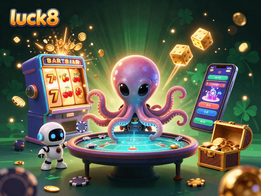 Win big with luck8 in this vibrant 3D casino scene featuring an alien octopus at a poker table.