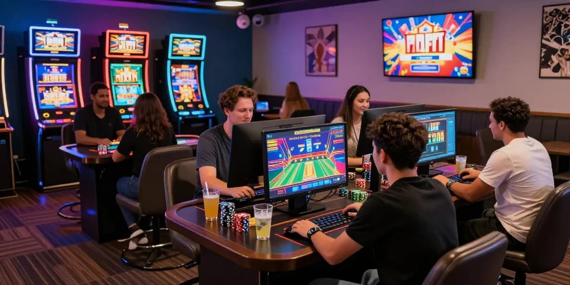Exciting credit card deposit casinos scene with players engaged in gaming activities, bright graphics, vibrant atmosphere.