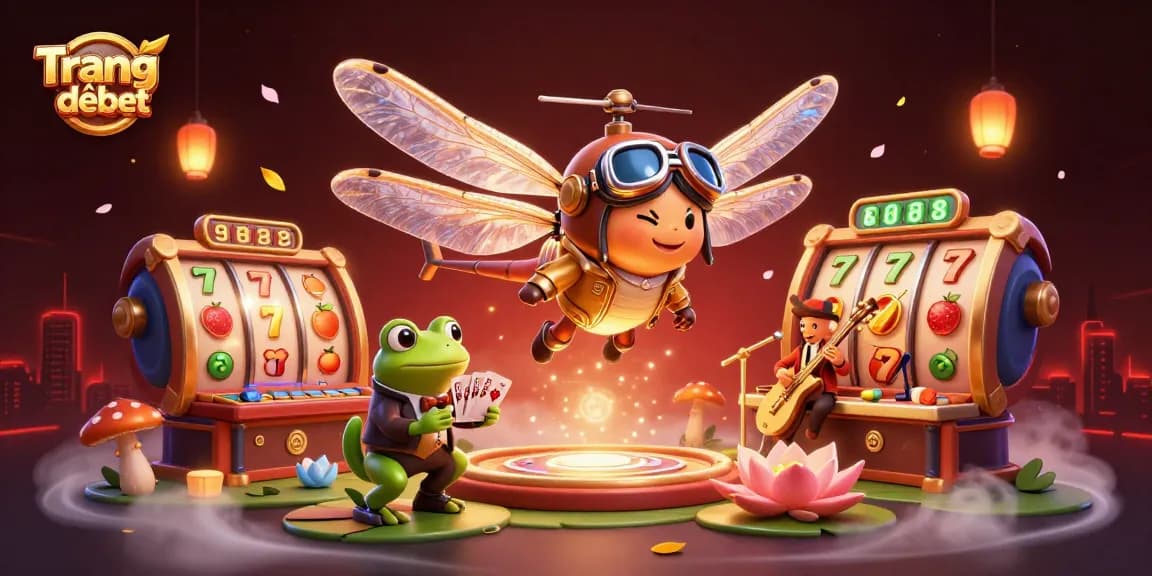 Experience the vibrant world of Trang Chủ debet with a lively casino illustration featuring a dragonfly pilot and a frog croupier.