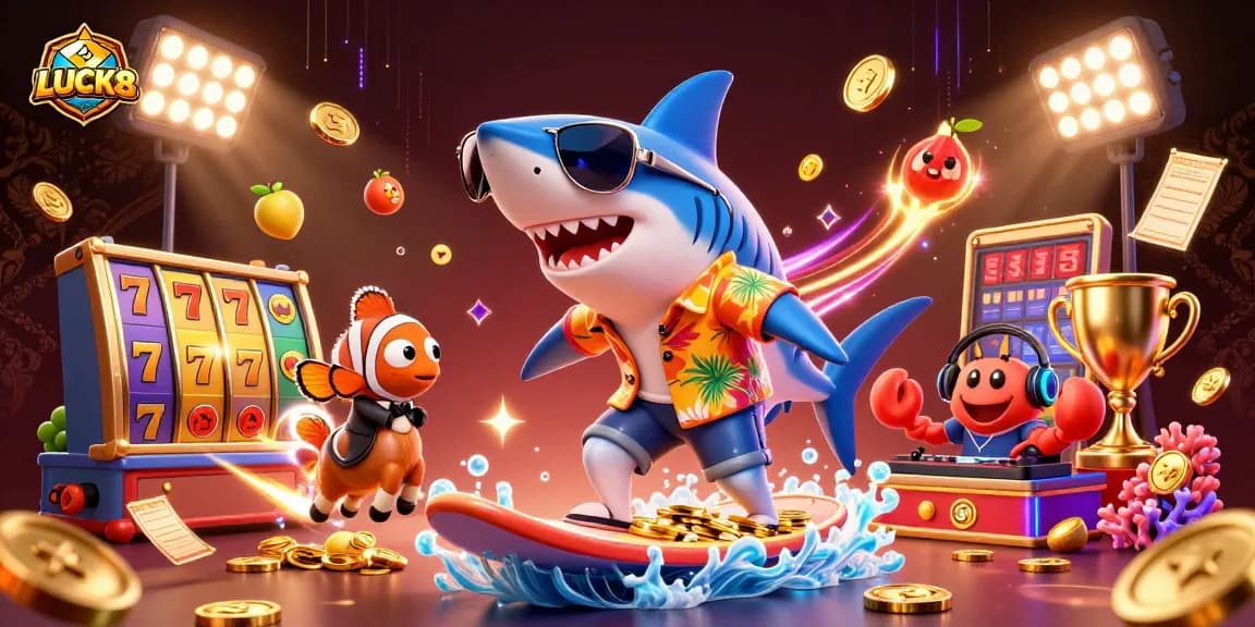 LUCK8 showcases an engaging 3D illustration of a playful shark surfer amid gold coins and slot elements.