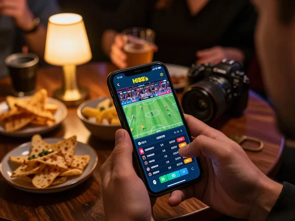 HI88 user placing bets on a smartphone, showcasing live betting excitement.