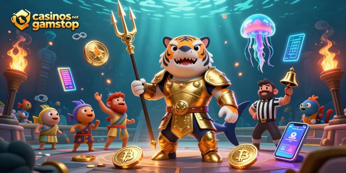 Experience thrill at casinos not on gamstop with vibrant 3D imagery featuring a tiger shark in gladiator armor.