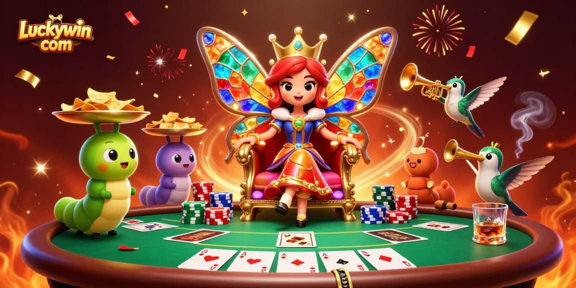 Join the fun at Luckywin com with a vibrant casino-themed illustration featuring a butterfly queen!