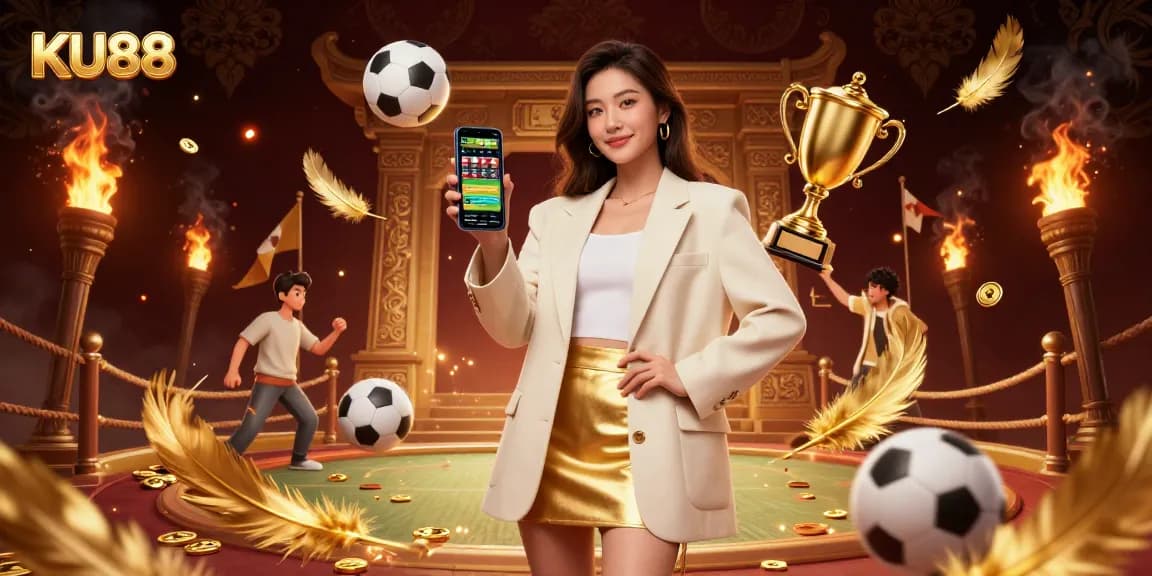 Engage with sports betting excitement at KU88 featuring a dynamic scene with a friendly Asian woman.