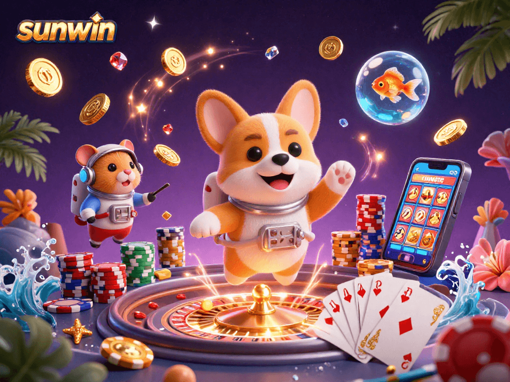 Engage in thrilling adventures with Sunwin as a cartoon astronaut corgi explores a vibrant casino space.