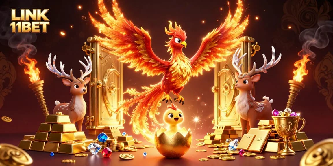 Experience the thrill of LINK 11BET with a stunning 3D phoenix and treasures in a vibrant casino atmosphere.