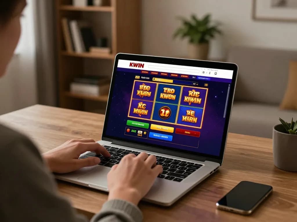 KWIN online gaming setup with colorful slots displayed on a laptop in a cozy home environment
