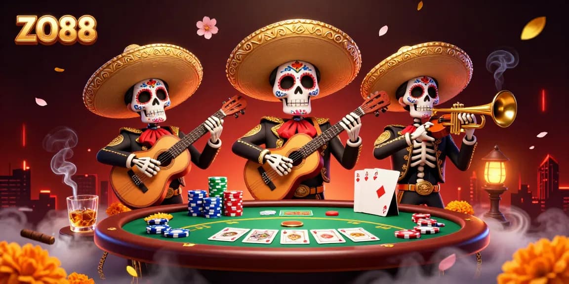 Engage with ZO88 as you immerse in a vibrant casino scene featuring a animated mariachi band and poker elements.