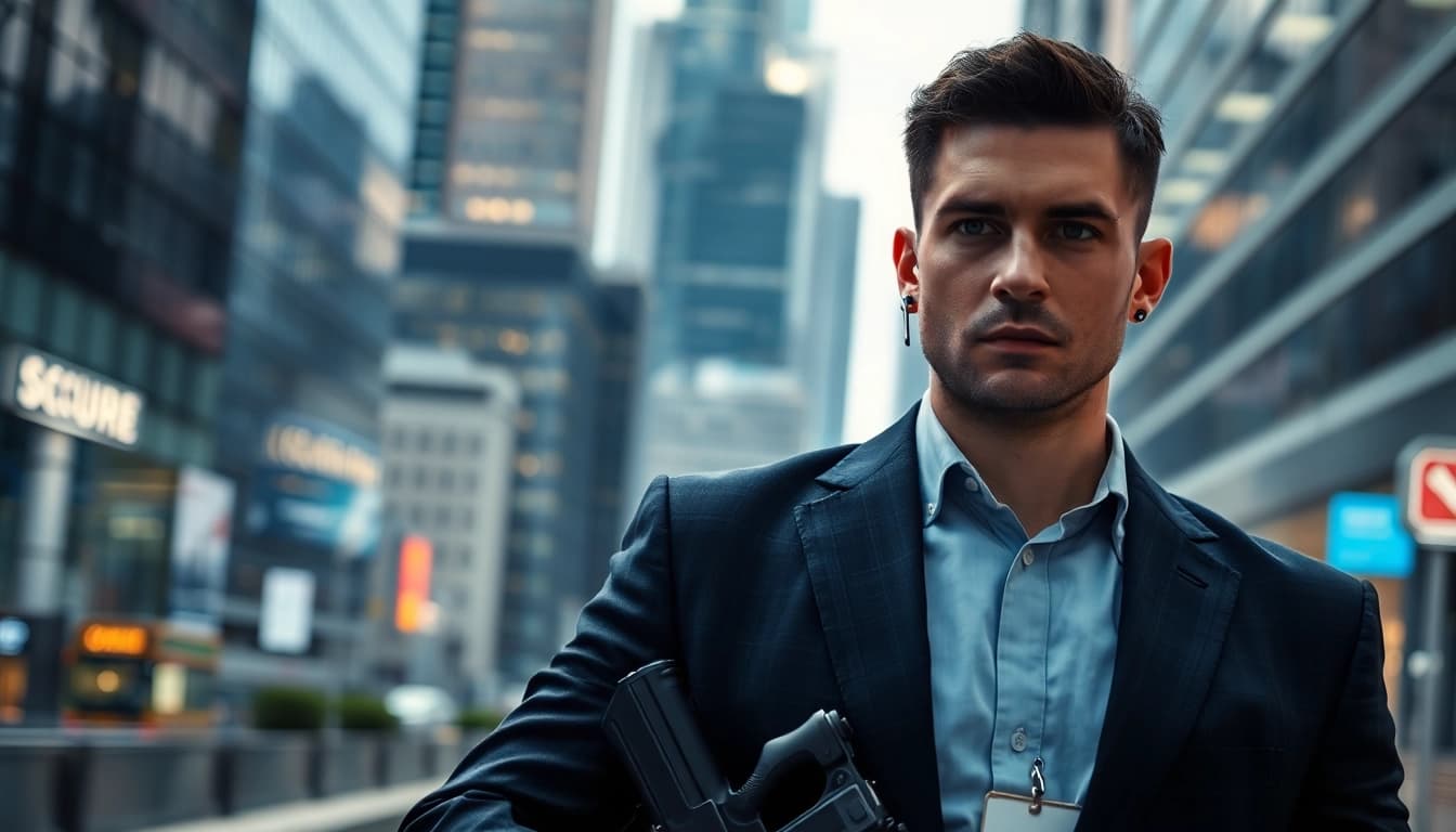 Showcase of the Professional Body Guard Program featuring a vigilant bodyguard in an urban setting.