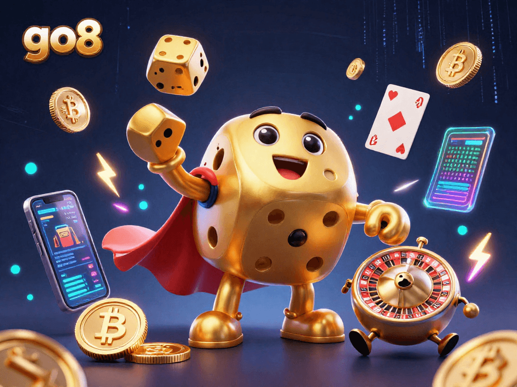 Experience the thrill of winning at go8 casino with vibrant games and dynamic characters in an eye-catching 3D illustration.
