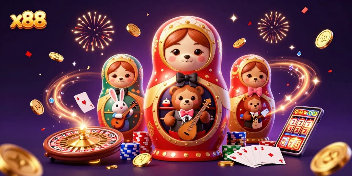 x88 offers an exciting casino experience with playful Russian Matryoshka bears and festive gambling elements.