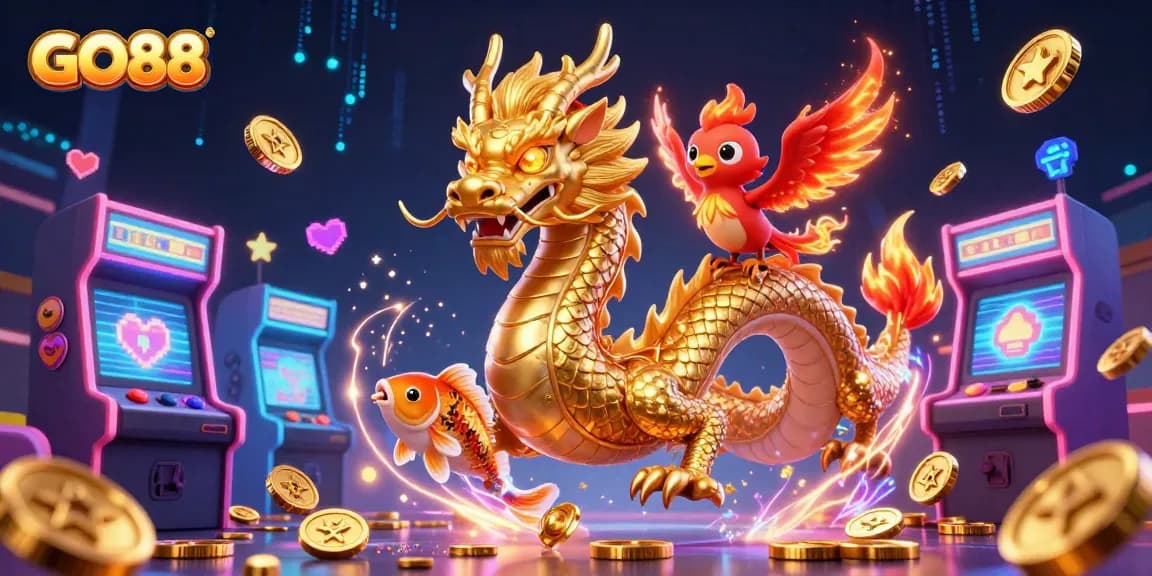 Experience GO88's thrilling gaming where a fierce dragon and phoenix spark excitement amidst vibrant casino elements.
