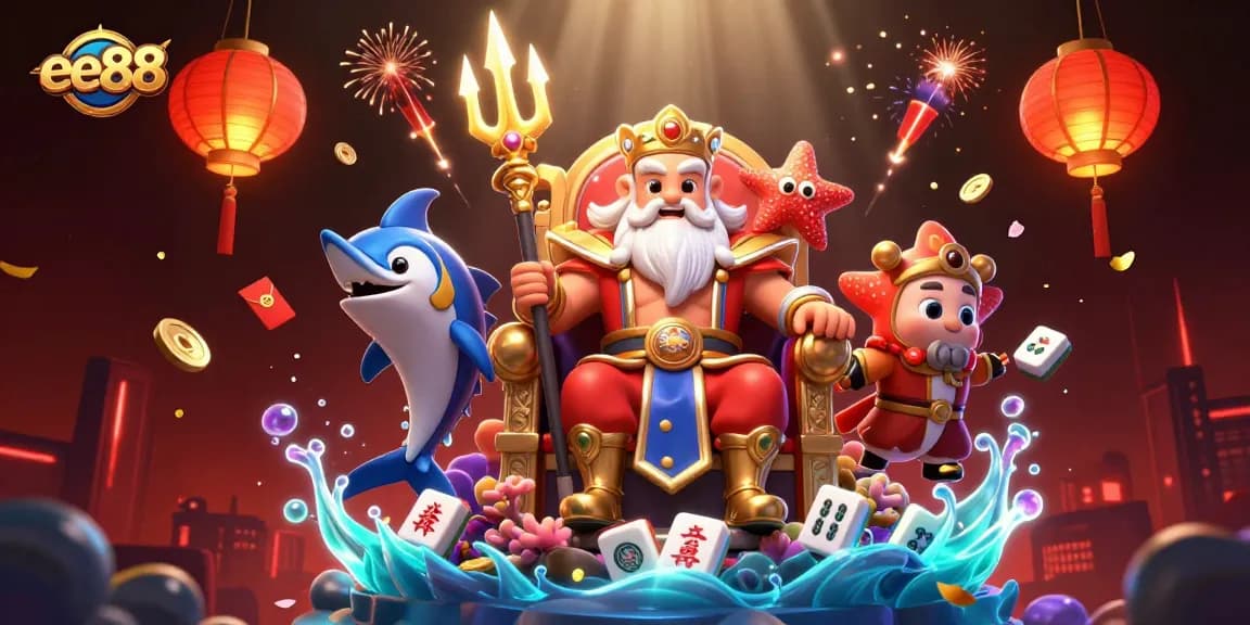 Engage with ee88 as the sea king Neptune oversees an exciting casino scene surrounded by festive elements.