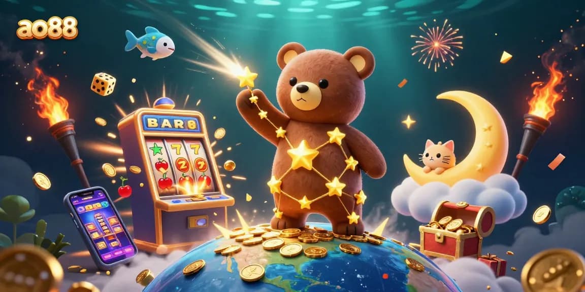 ao88 players experience joy as the constellation bear wins jackpots amidst floating casino treasures.