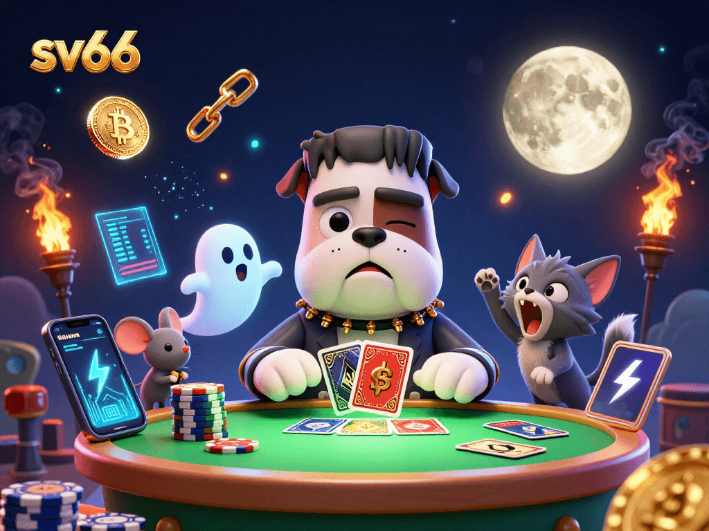 Engage with sv66's thrilling blackjack game at a spooky casino table with lively characters.