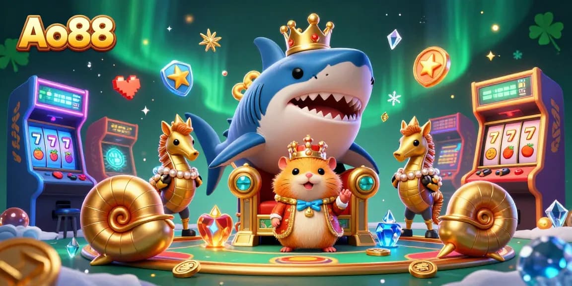 Ao88 gaming scene features a hamster king on a shark throne surrounded by vibrant arcade games and slot elements.