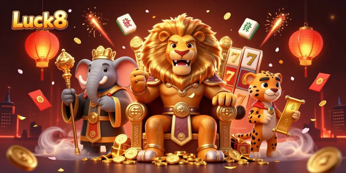Experience Luck8's vibrant casino magic with a dynamic scene featuring a lion king, elephant advisor, and cheetah messenger.