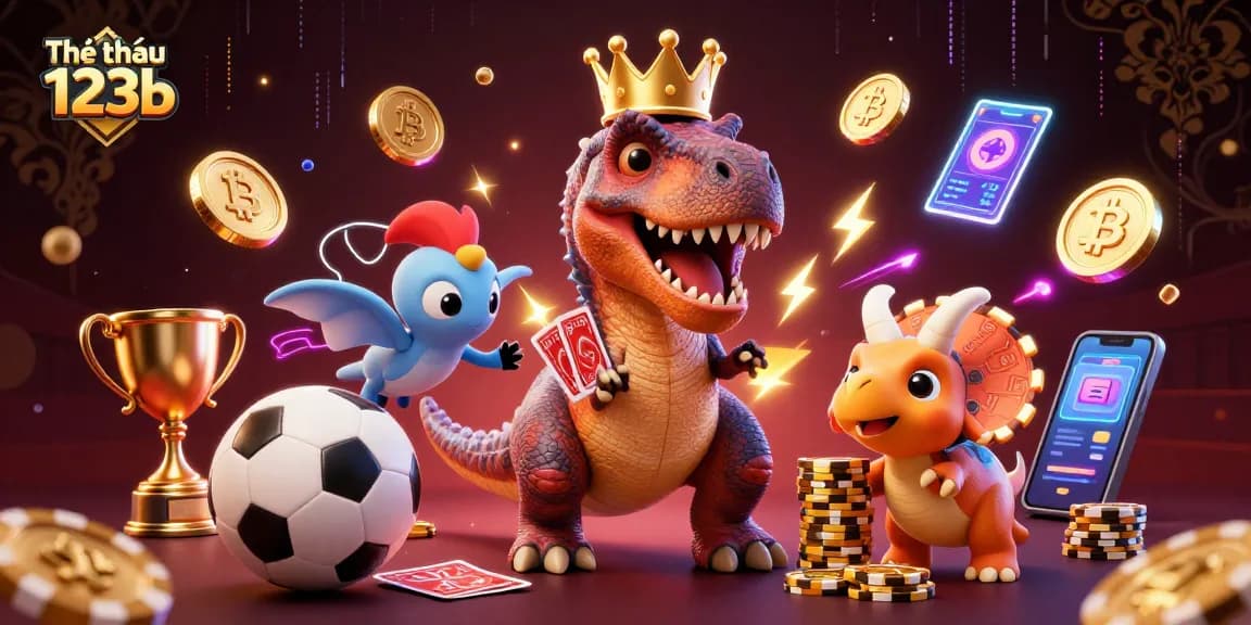 Win big with Thể thao 123b as cartoon dinosaurs engage in a lively betting scene.