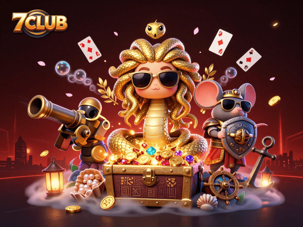 Experience the excitement of 7CLUB with Medusa and friends amidst treasures and casino games.
