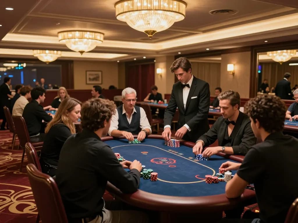 BET168 players engaging in a thrilling poker game at an upscale casino VIP area.