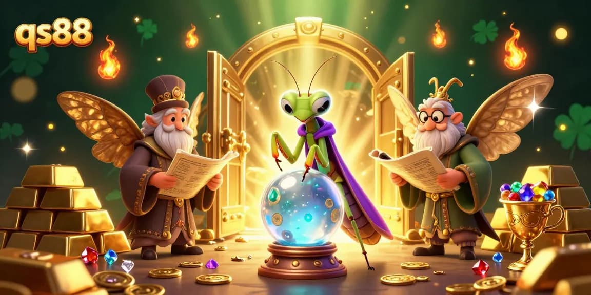 Experience the qs88 fortune with cartoon characters revealing treasures in a magical casino setting.
