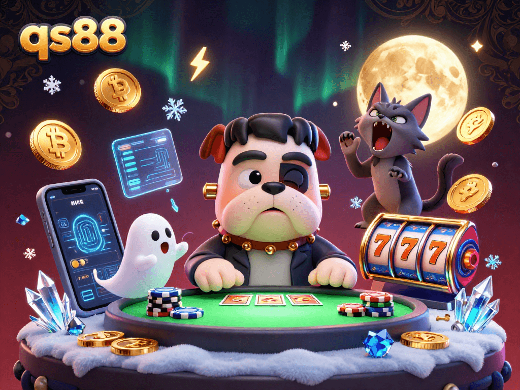 qs88's lively scene showcases a Frankenstein bulldog dealing cards amidst crypto elements, capturing casino excitement