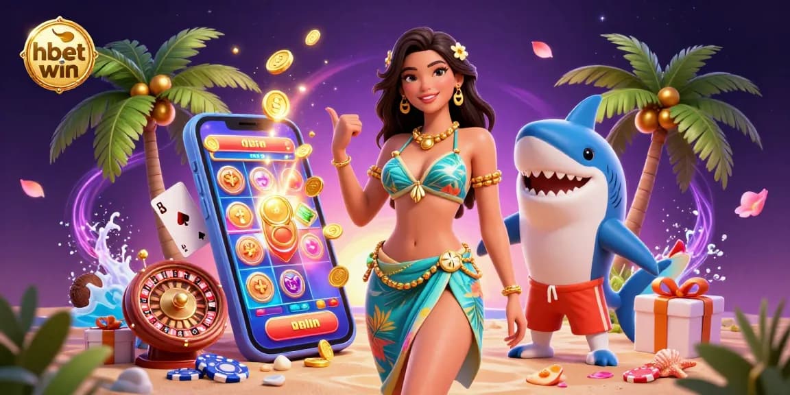 Win big at hbet win with vibrant 3D illustration of casino excitement, golden coins and slot games.