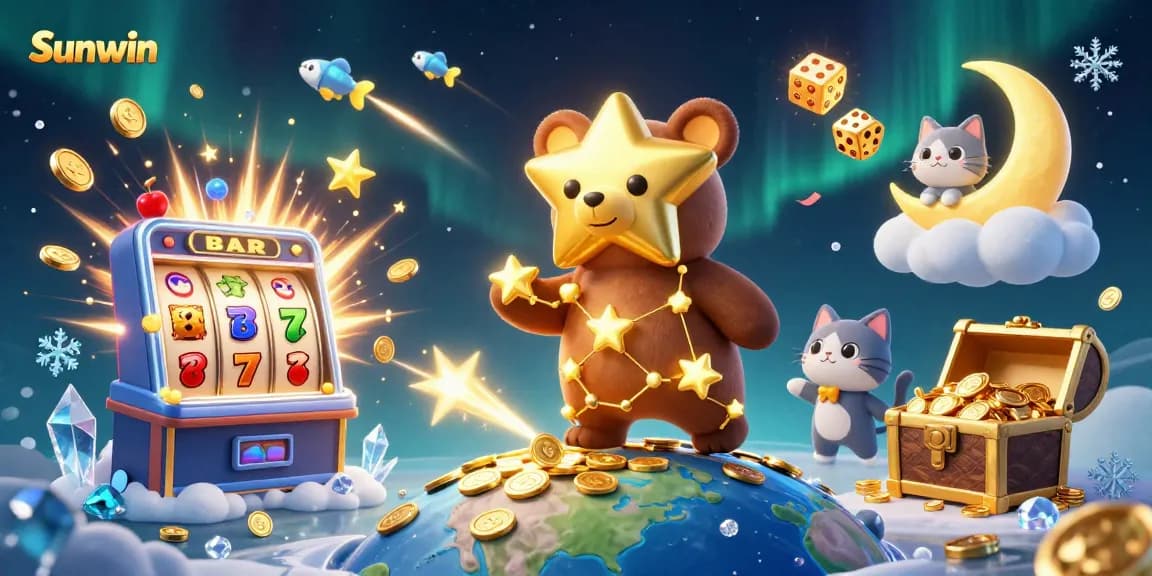 Experience the excitement of Sunwin with a captivating 3D illustration featuring vibrant casino elements and gaming characters.