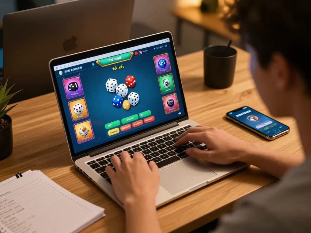 Engaging in tài xỉu online gaming with a focused expression and strategic notes nearby