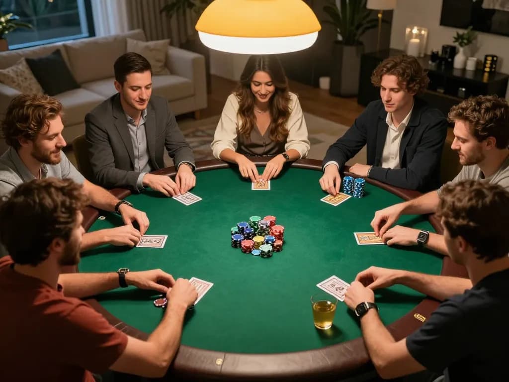 Players engaging in a thrilling poker game at home, showcasing 789BET atmosphere of friendly competition.