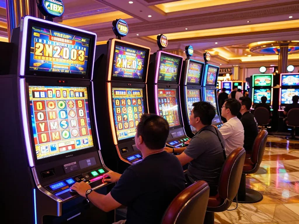 Players enjoying the vibrant lucky88 slot machines, eagerly pressing buttons for a chance to win.