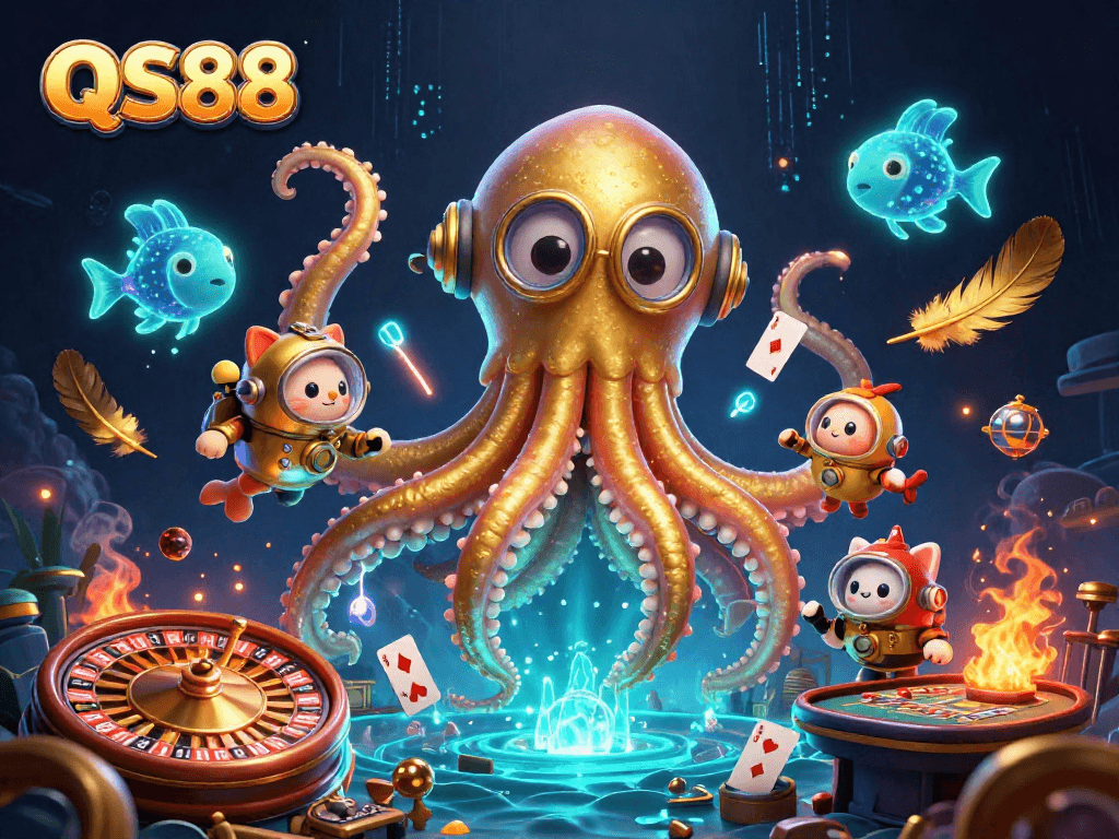 Experience exciting casino adventures with QS88's kraken and diving cat in a thrilling 3D illustration.