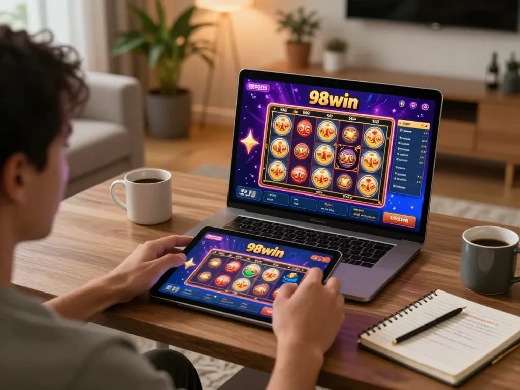 Person enjoying 98win online casino games on a tablet in a cozy living room setting
