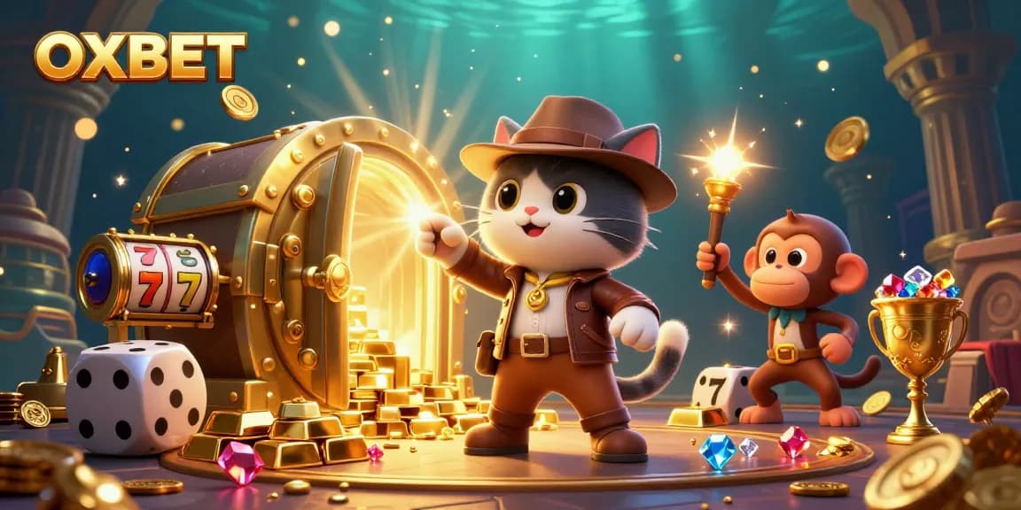 Engage with OXBET in a vibrant 3D casino scene filled with golden assets and thrilling elements.