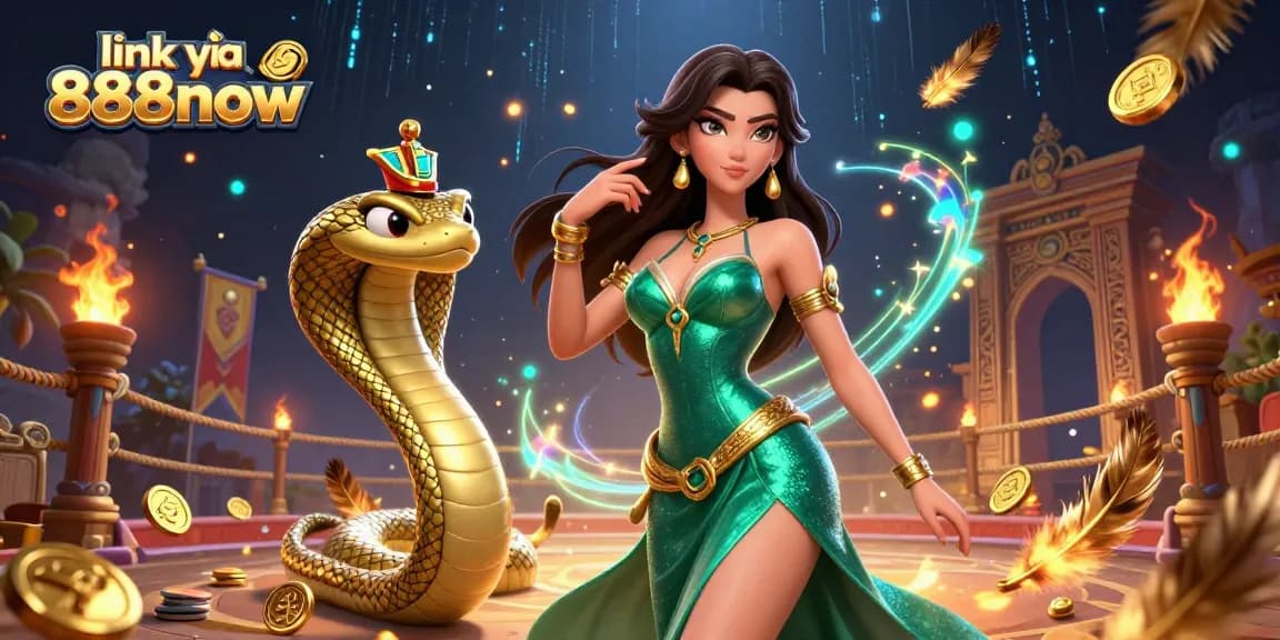 Engage with the adventures at link vào 888now featuring a mesmerizing woman, cobra, and vibrant casino elements.