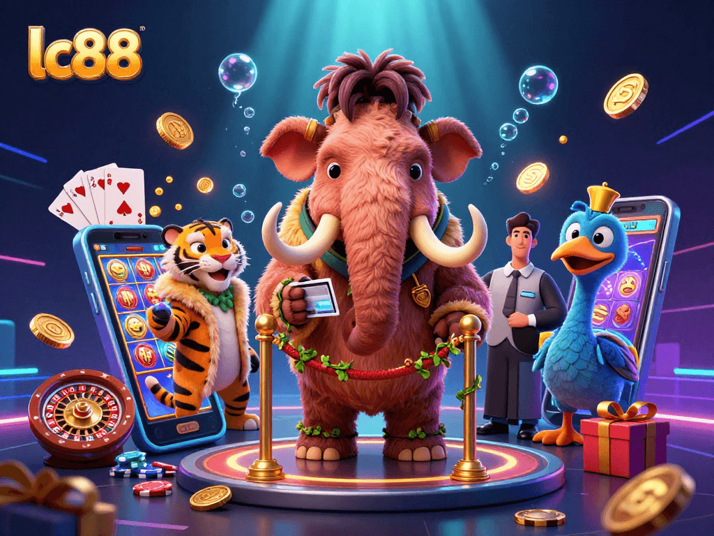 Experience gaming excitement at lc88 with a cartoon bouncer checking IDs and vibrant casino elements