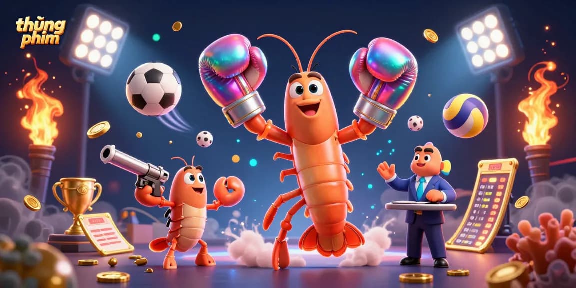 Engage in thúng phim with dynamic action featuring cartoon shrimp and gambling elements.