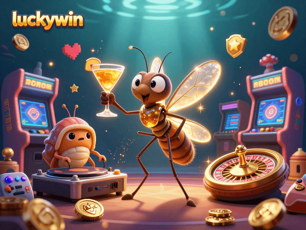 Engage with luckywin's dynamic casino scene featuring animated characters and vibrant gaming elements.