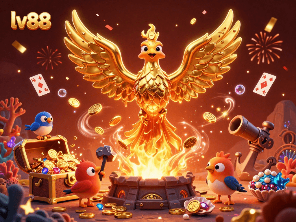 Experience winning thrills at lv88 with a dynamic scene featuring a molten golden phoenix amidst underwater treasures.