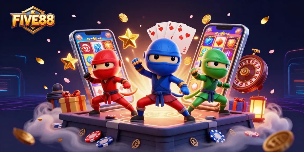 Join the excitement of FIVE88 with 3D chameleons showcasing slot games and lucky symbols.