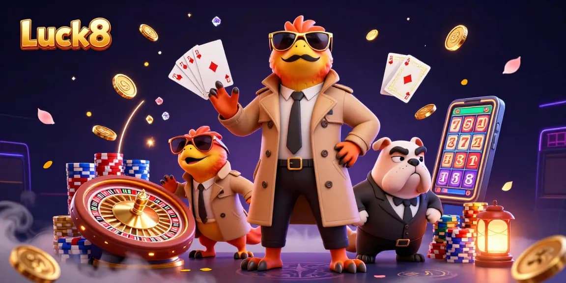 Luck8 raptors entering VIP casino lounge with golden coins and roulette wheel.