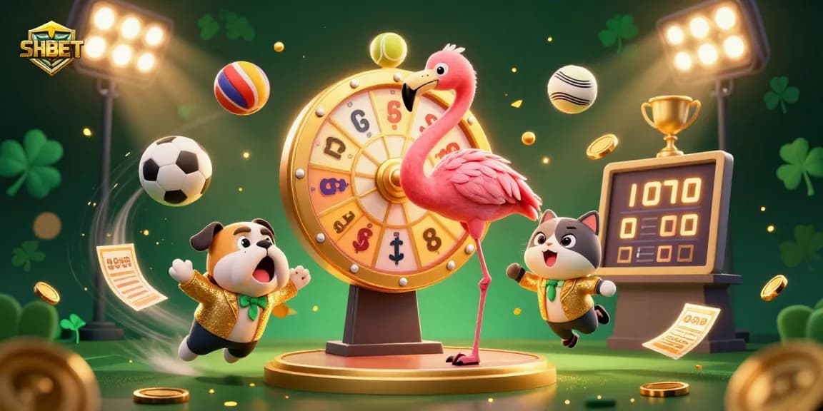 Experience SHBET with festive gaming elements and lively characters in a dynamic casino atmosphere.