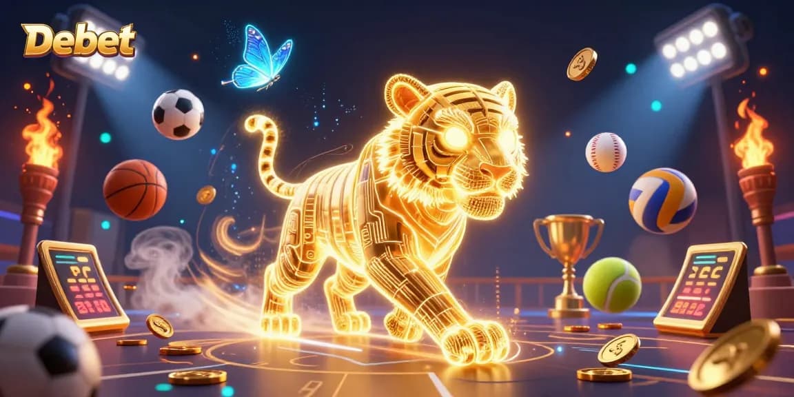 Experience the thrill of Debet with a vibrant digital casino showcasing a golden tiger amidst dynamic sports elements.