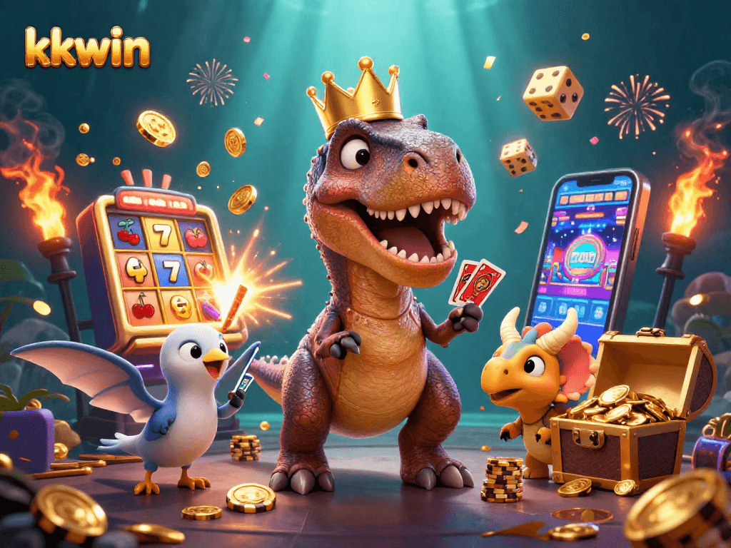 Engage with kkwin's thrilling casino world through this vibrant, fun T-Rex card game scene.