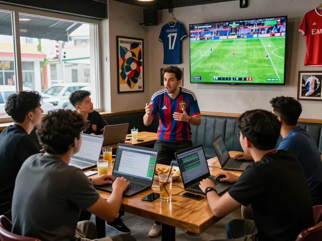 Soccer picks discussion in a sports bar with fans and analysts engaged