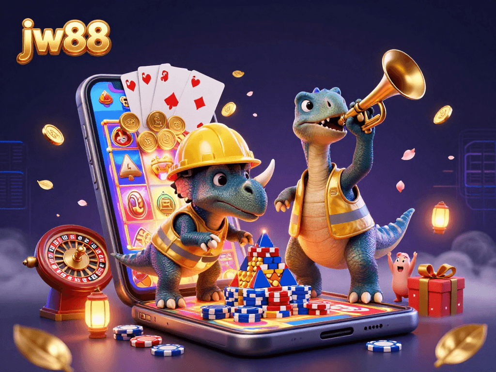 jw88 brings excitement with vibrant 3D cartoon scene featuring a cheerful triceratops and celebration elements.